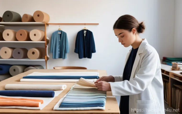 의류기술 실기 시험 준비법 - Prompt 1: Focused Fabric Selection in a Textile Studio**