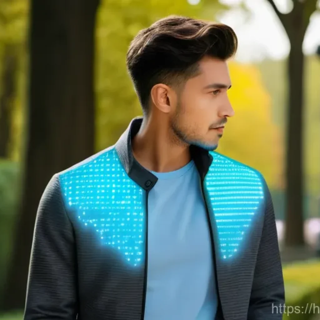 의류기술 관련 IT 활용 사례 - **Prompt 1: Smart Casual Wear with Integrated Health Monitoring**
    "A young adult, wearing a styl...
