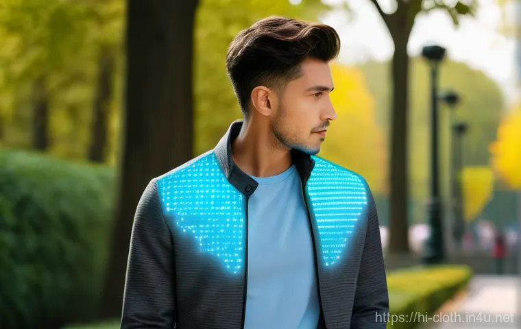의류기술 관련 IT 활용 사례 - **Prompt 1: Smart Casual Wear with Integrated Health Monitoring**
"A young adult, wearing a styl...