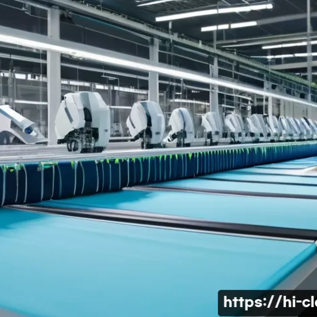 의류 생산 품질관리 실무 - A modern textile factory interior showcasing advanced automation technology in quality control, feat...