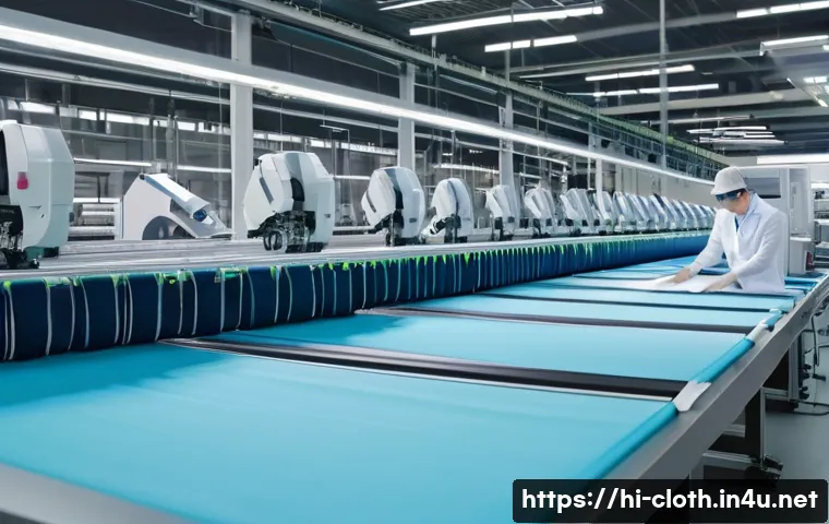 의류 생산 품질관리 실무 - A modern textile factory interior showcasing advanced automation technology in quality control, feat...
