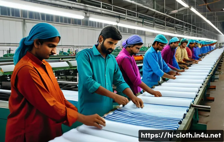 의류 생산비 절감 방법 - A vibrant textile factory scene in India featuring skilled workers wearing colorful traditional kurt...