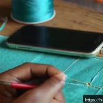 Home 20 의류기술 교육 영상 제작법 - A close-up, well-lit scene of a beginner Hindi-speaking woman learning hand sewing from an online vi...