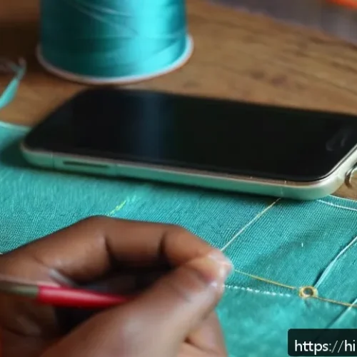 Home 32 의류기술 교육 영상 제작법 - A close-up, well-lit scene of a beginner Hindi-speaking woman learning hand sewing from an online vi...