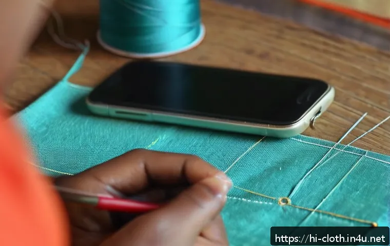 의류기술 교육 영상 제작법 - A close-up, well-lit scene of a beginner Hindi-speaking woman learning hand sewing from an online vi...