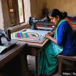 Home 19 의류기술 실습 필수 도구 - A detailed scene inside a traditional Indian sewing workshop, showing a beginner tailor working on a...
