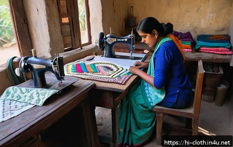 의류기술 실습 필수 도구 - A detailed scene inside a traditional Indian sewing workshop, showing a beginner tailor working on a...
