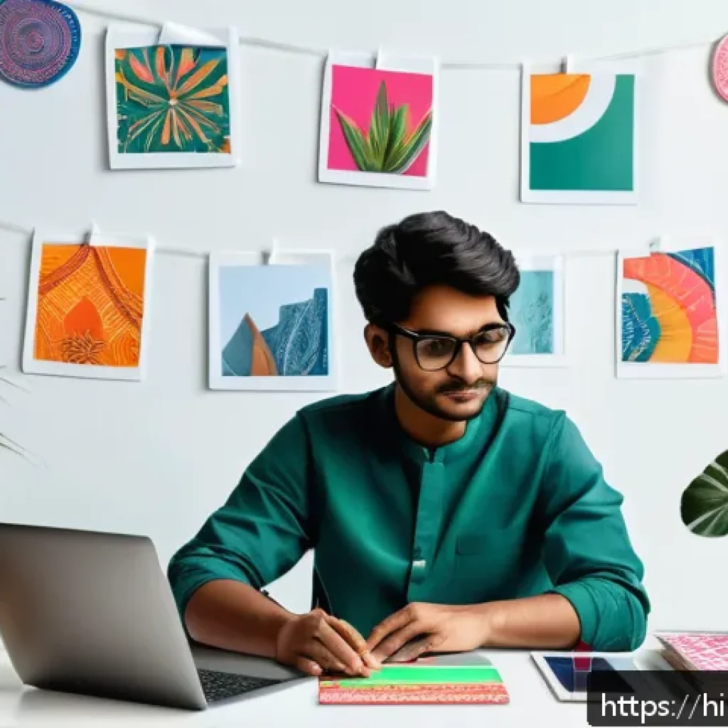 의류기술 학습을 위한 무료 리소스 - A vibrant digital workspace scene showcasing a young Indian fashion designer using a laptop with Fig...