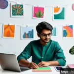 Home 18 의류기술 학습을 위한 무료 리소스 - A vibrant digital workspace scene showcasing a young Indian fashion designer using a laptop with Fig...