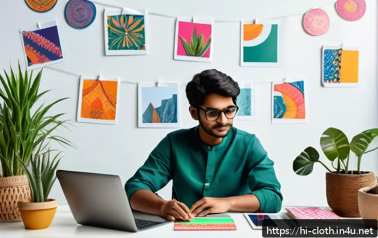 의류기술 학습을 위한 무료 리소스 - A vibrant digital workspace scene showcasing a young Indian fashion designer using a laptop with Fig...