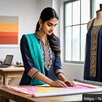 Home 23 의류제작 실무 사례 분석 - A modern fashion design studio scene showing an Indian fashion designer using advanced digital tools...
