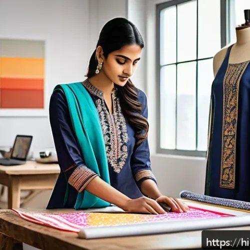 Home 17 의류제작 실무 사례 분석 - A modern fashion design studio scene showing an Indian fashion designer using advanced digital tools...