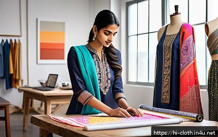 의류제작 실무 사례 분석 - A modern fashion design studio scene showing an Indian fashion designer using advanced digital tools...