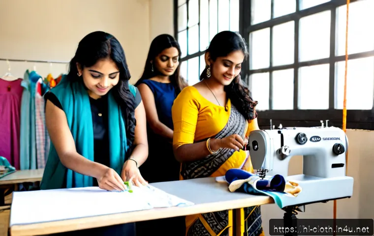 의류기술 학습 커뮤니티 추천 - Photorealistic apparel technology learning community in a modern Indian fashion workshop, diverse ad...